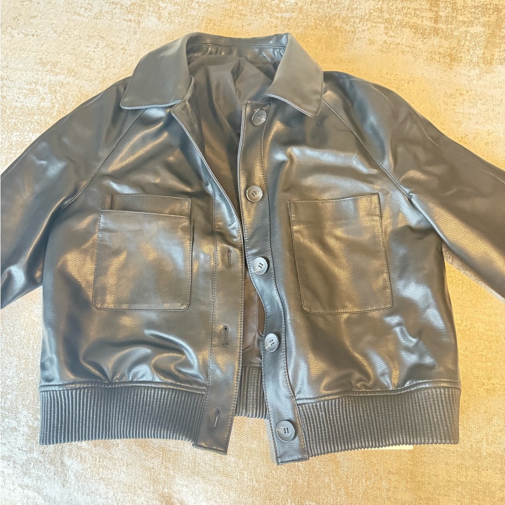 Women's Black Leather Jacket with Ribbed Hem